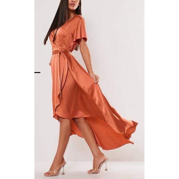 Missguided‎ Rust Satin High Low Wrap Midi Dress Size 10 - Picture 1 of 8